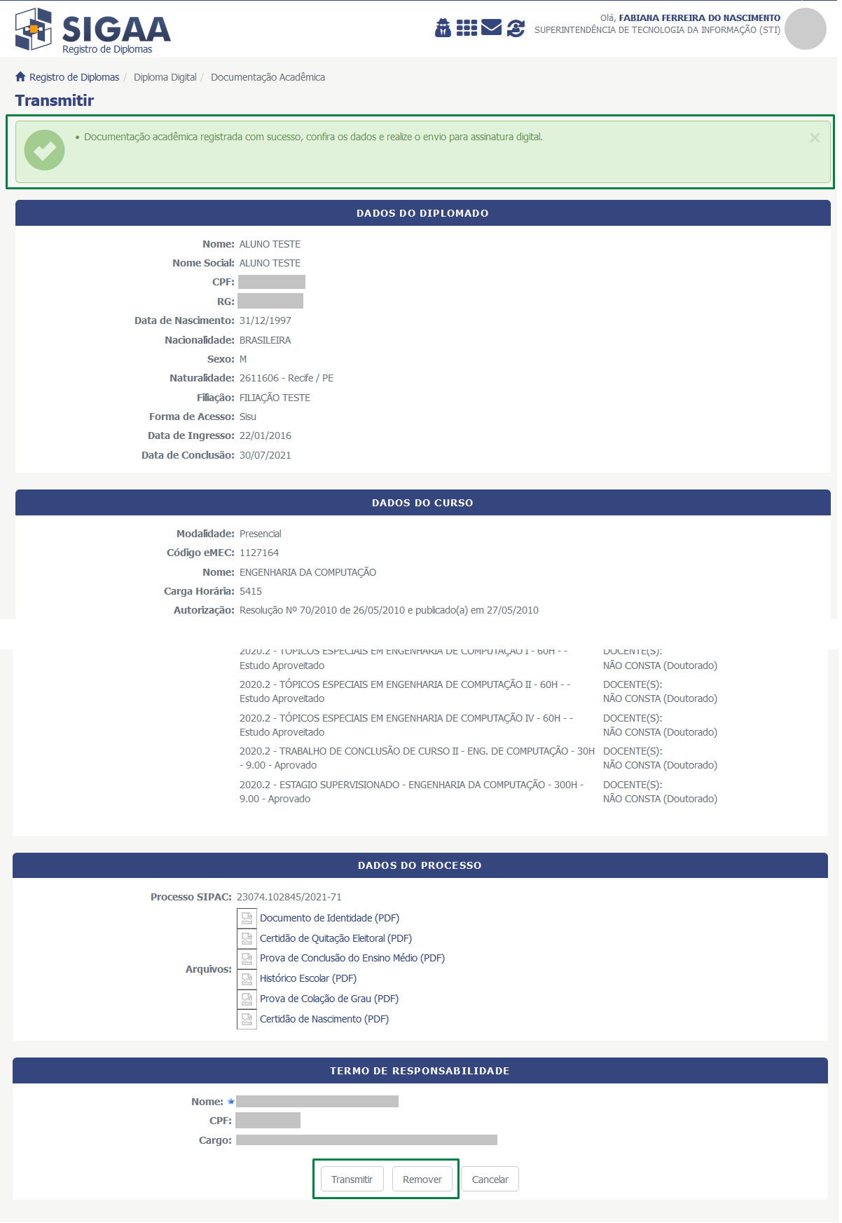 Tela de transmitir documentação acadêmica