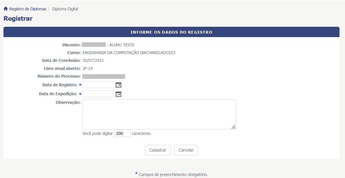 Tela de cadastro de registro individual do diploma digital