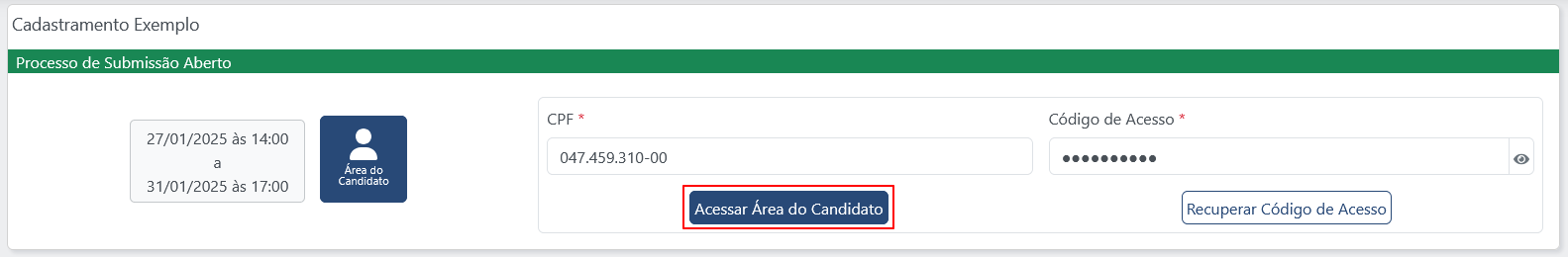 Captura do card de processo submissão, os campos CPF e Código de Acesso do formulário estão preenchidos e o botão "Acessar Área do Candidato" está contornado em vermelho.