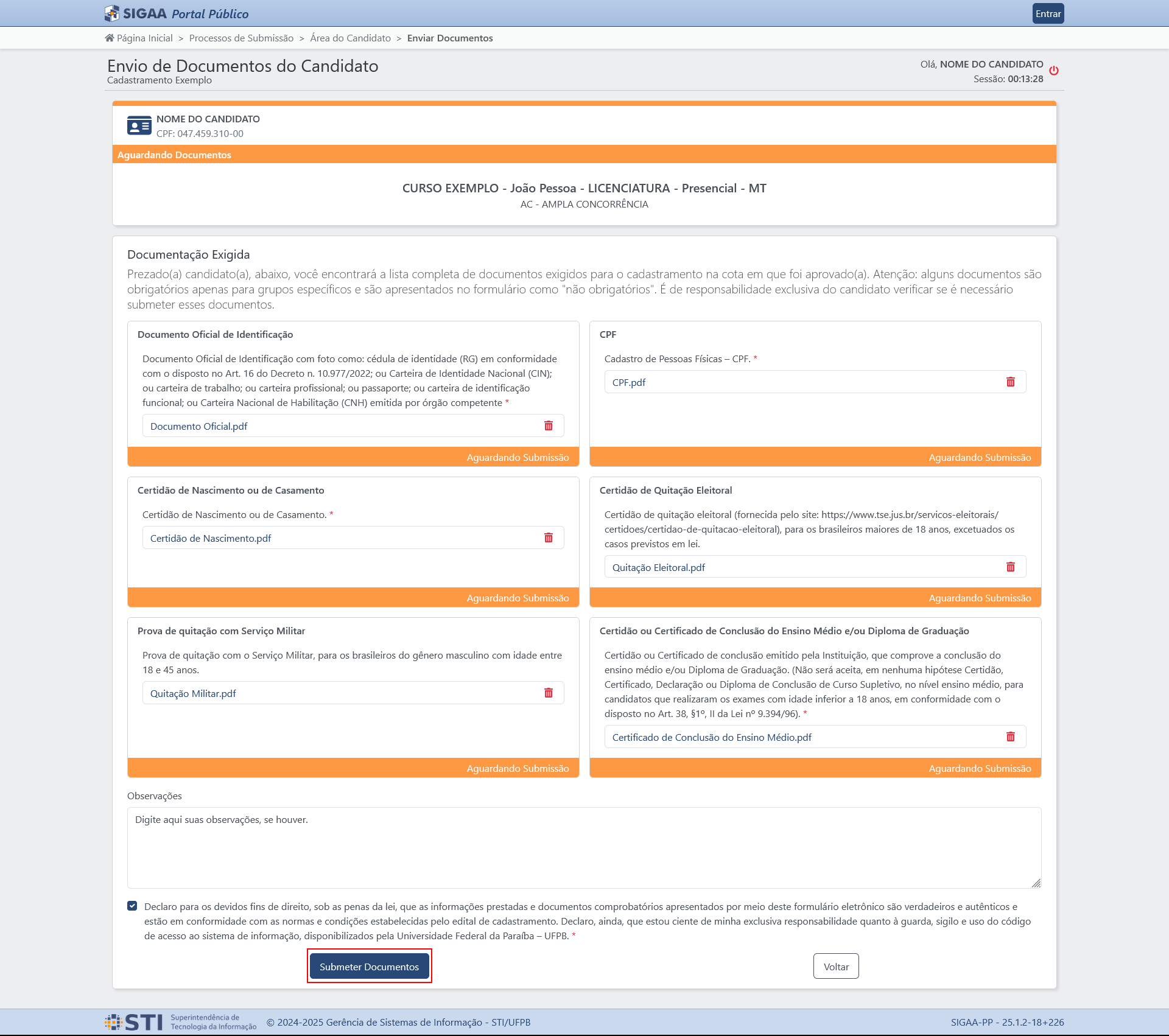 Captura de tela do formulário de submissão de documentos, mostrando os campos com arquivos anexados, o campo de observação e a caixa de seleção da declaração marcada. O botão Submeter Documentos está destacado em vermelho.