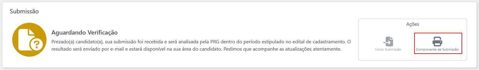 Captura de tela do card de Submissão com botão "Comprovante de Submissão" destacado em vermelho.