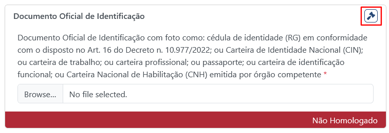 Captura de tela do campo de documento "Documento Oficial de Identificação" indeferido e com o botão Motivo do Indeferimento com ícone de malhete contornado em vermelho.