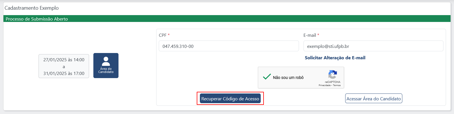 Captura do card de proceso de submissão com o formulário de Recuperar Código de Acesso aberto. Os campos do formulário estão devidamente preenchidos e o botão com label "Recuperar Código de Acesso" está contornado em vermelho.