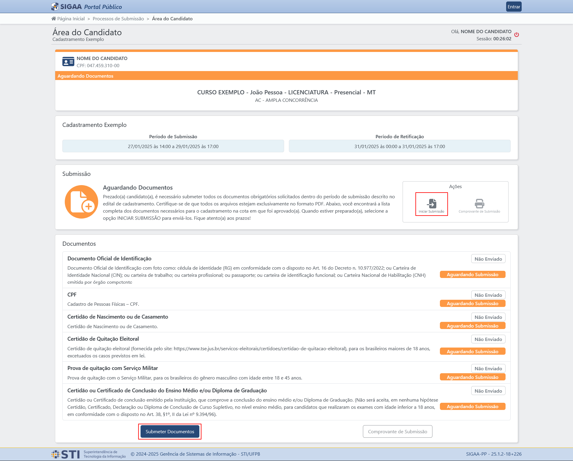 Captura de tela da Área do Candidato, com destaque em vermelho para os botões de acesso ao formulário de submissão de documentos: Iniciar Submissão e Submeter Documentos.