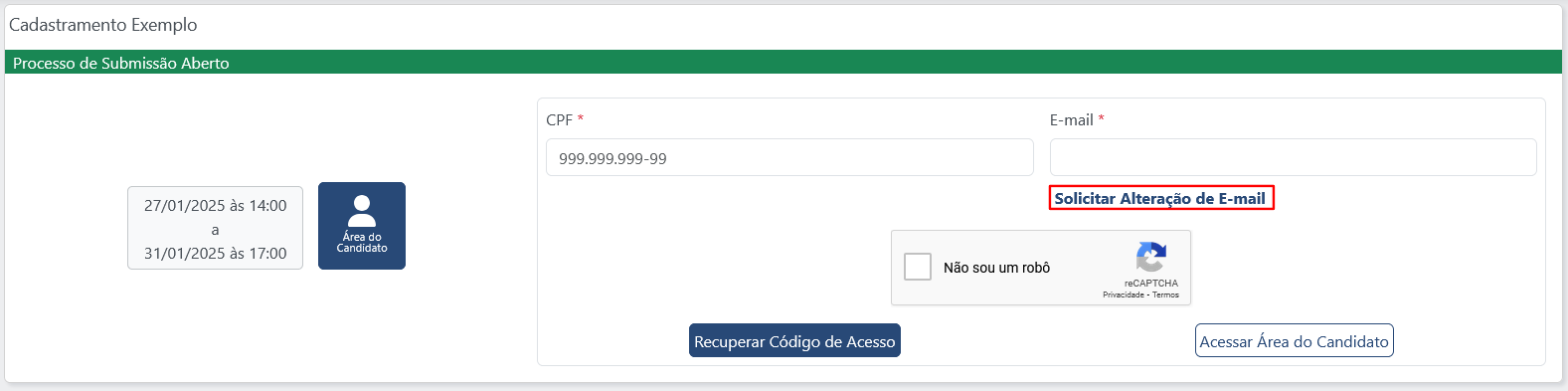 Captura do card de proceso de submissão com o formulário de Recuperar Código de Acesso aberto. O link "Solicitar Alteração de E-mail" está contornado em vermelho.