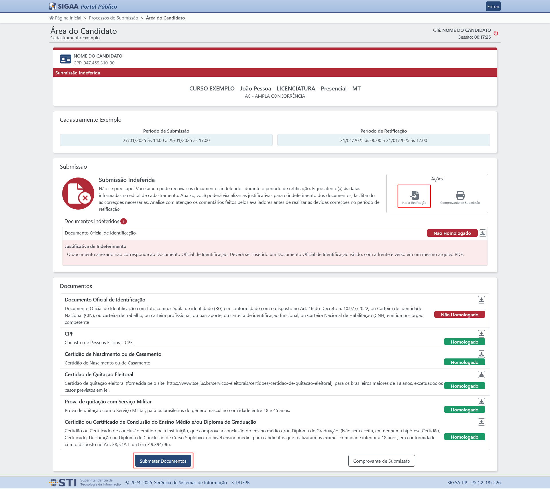 Captura de tela da Área do Candidato, com destaque em vermelho para os botões de acesso ao formulário de submissão de documentos: Iniciar Retificação e Submeter Documentos.