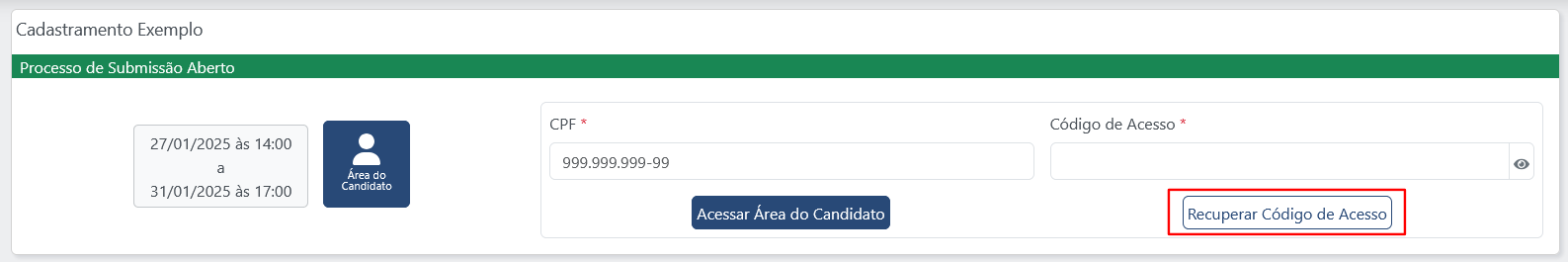 Captura do card de processo submissão, o botão "Recuperar Código de Acesso" está contornado em vermelho.