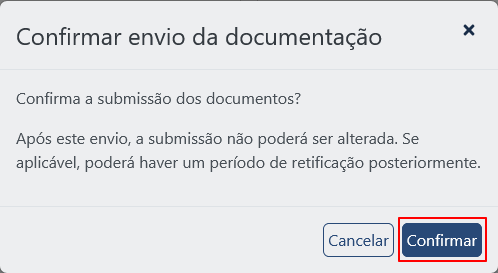 Captura de tela do modal de confirmação da submissão, com o botão 'Confirmar" em destaque.